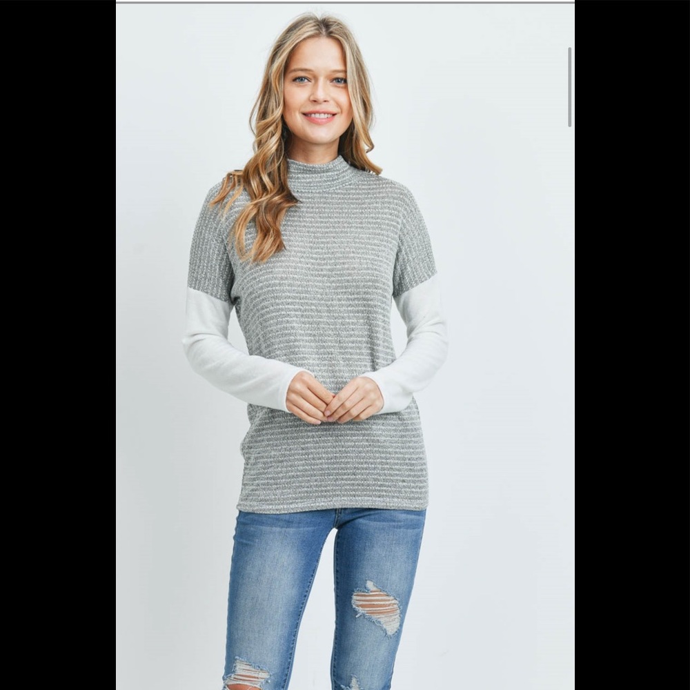 Long sleeve drop shoulder high neck two-tone knit top. - 3 Pack